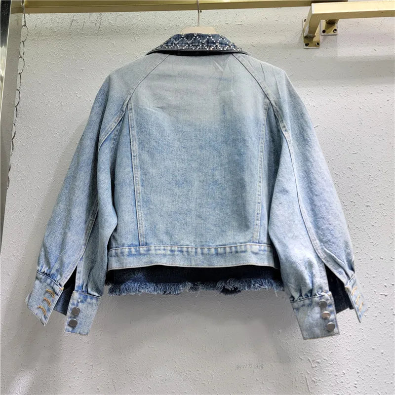 Women Hot Drilling Diamond Beads Retro Washed Denim Jacket Contrast Color Patchwork Rhinestone Jeans Coat Fake Two Piece Outwear