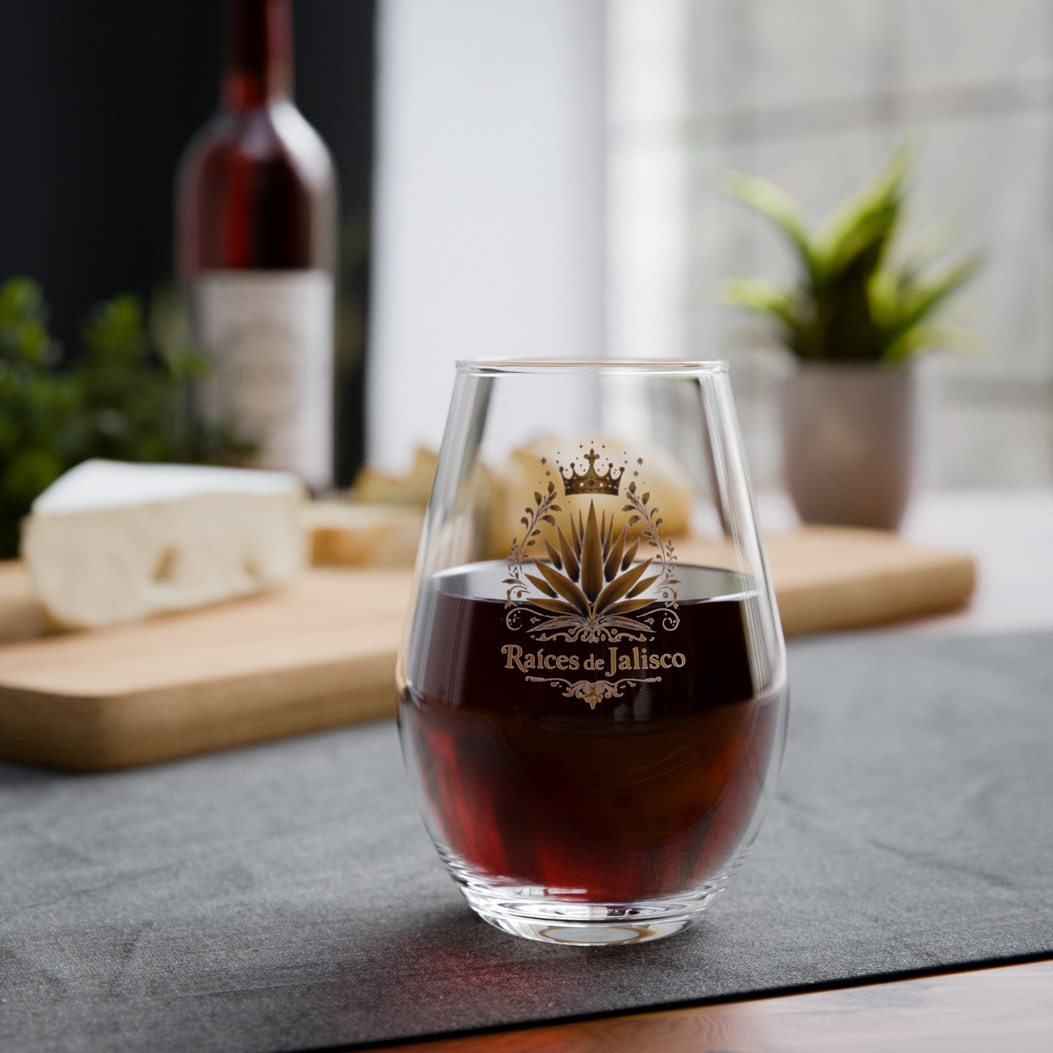 Stemless Wine Glass - "Raíces de Jalisco" Gold Agave Crest, 11.75 oz