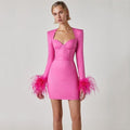 Women's Dress Spring New Style Bandage Dress Elegant Square Collar Feather Long Sleeve Celebrity Dress
