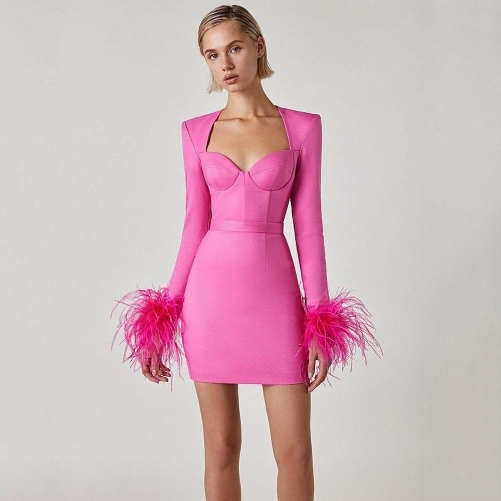 Women's Dress Spring New Style Bandage Dress Elegant Square Collar Feather Long Sleeve Celebrity Dress