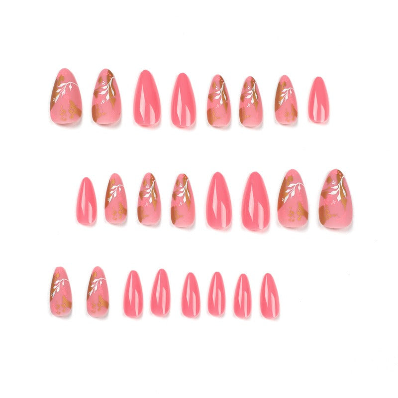 Pink Floral Gold-Foil Press-On Nails