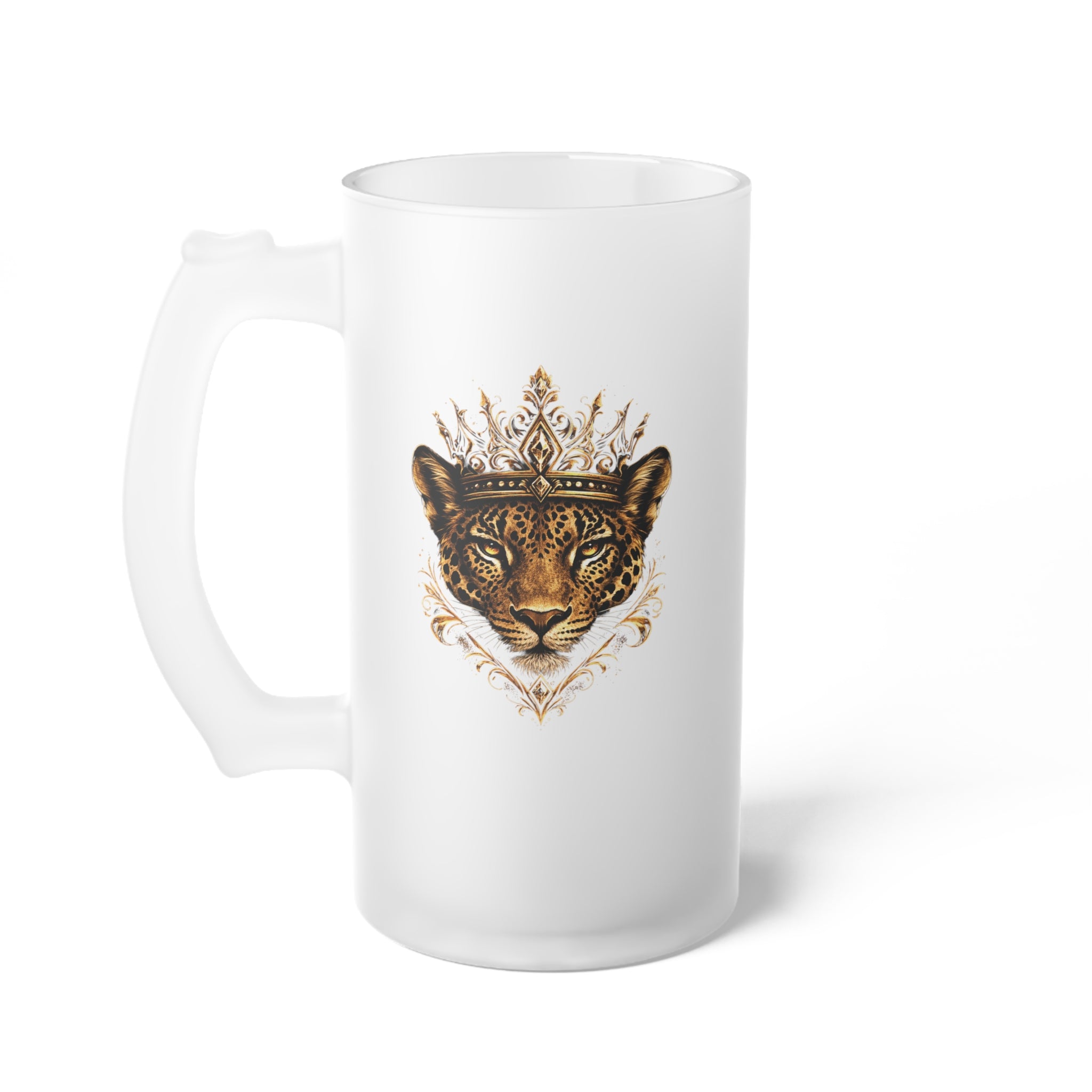 Frosted Glass Beer Mug — Regal Jaguar Crown Design