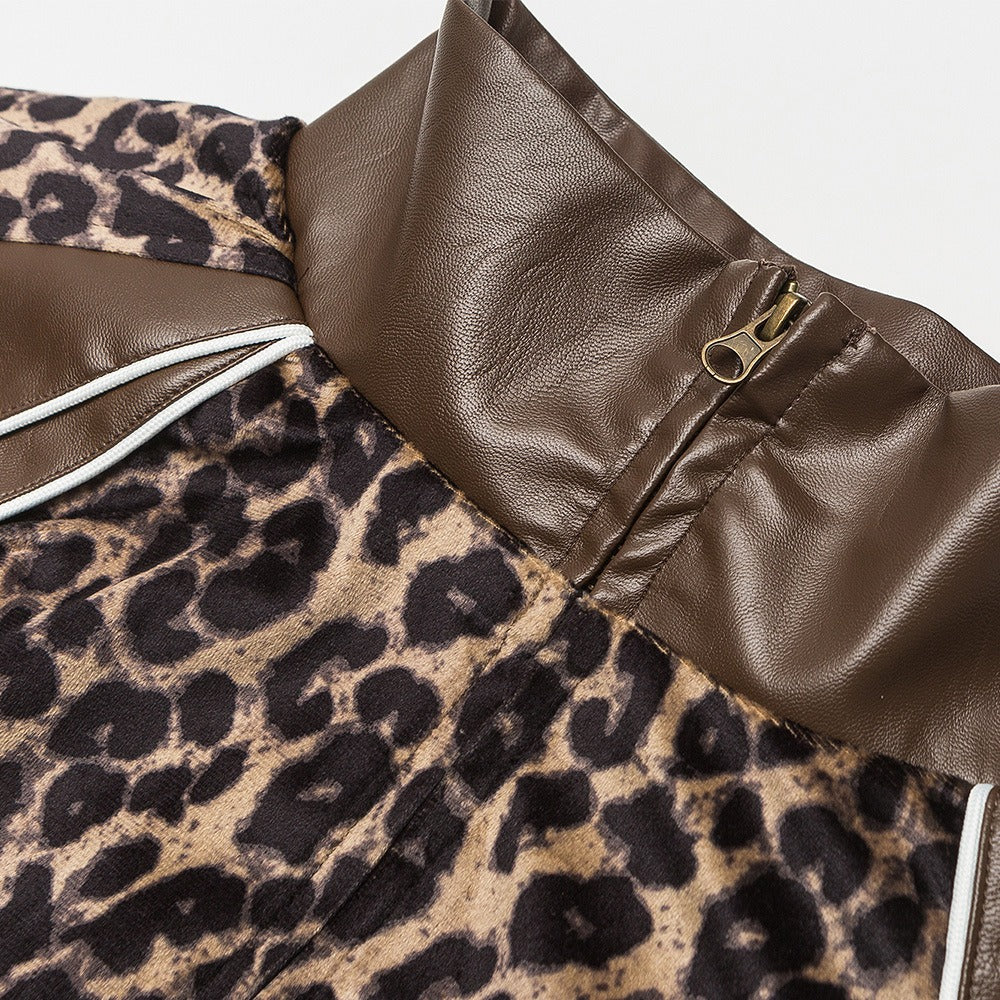 Leopard Patchwork Faux Leather Moto Jacket