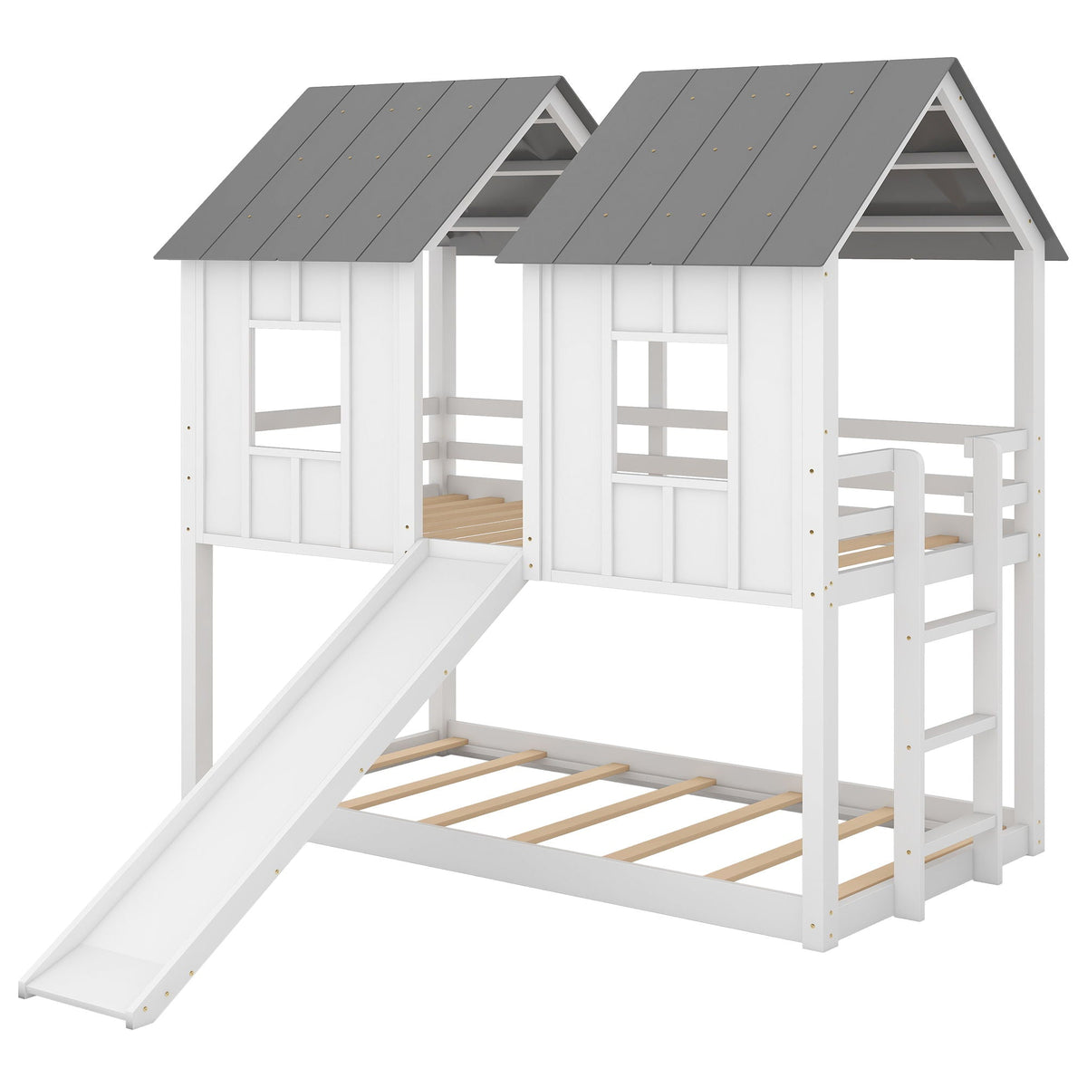 House Bunk Bed with Slide and Windows – Twin Over Twin in White/Gray