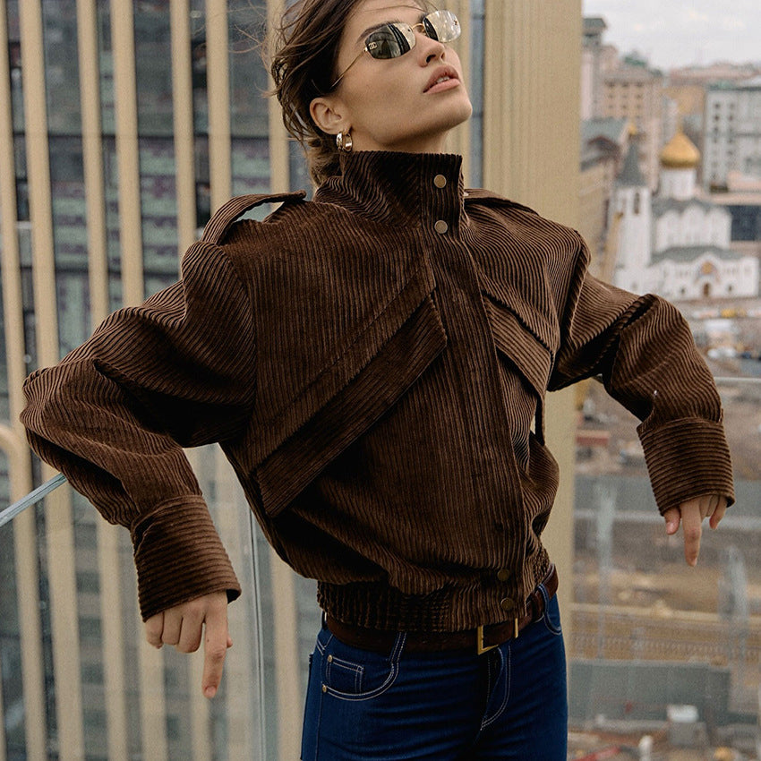 Motorcycle Style Brown Jacket Women's Design Sense Casual Leisure Corduroy Coat Cross-border Commuting
