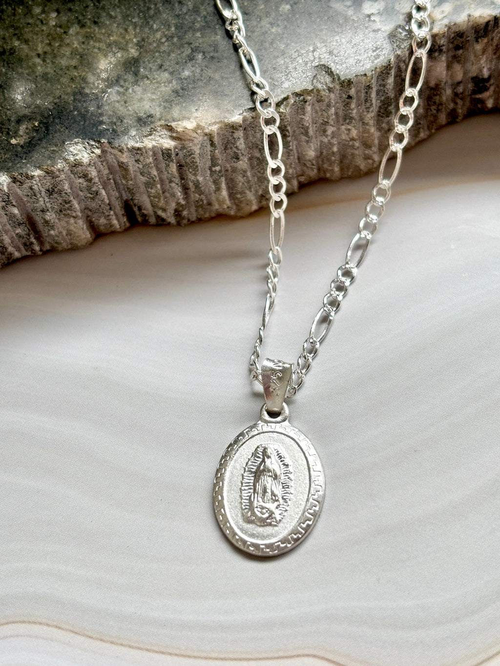 Virgin Mary Necklace sterling silver 925 | Figaro chain necklace 19”| Virgencita necklace