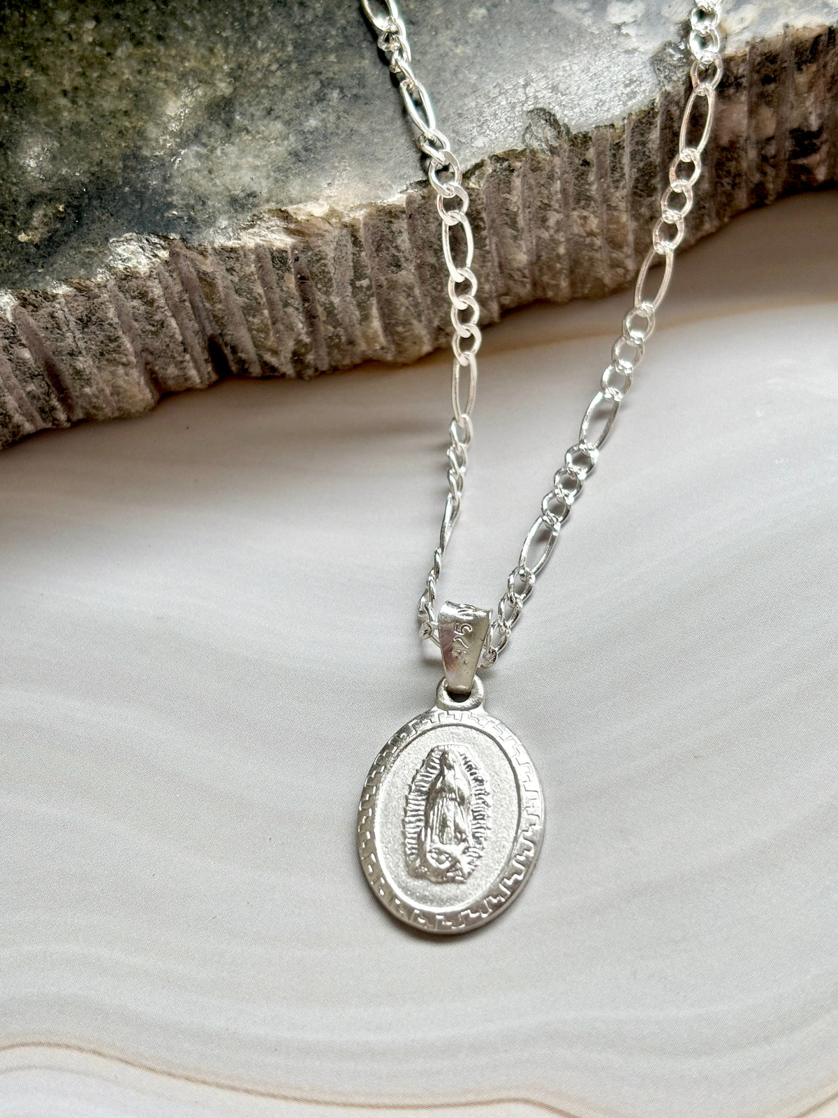 Virgin Mary Necklace sterling silver 925 | Figaro chain necklace 19”| Virgencita necklace
