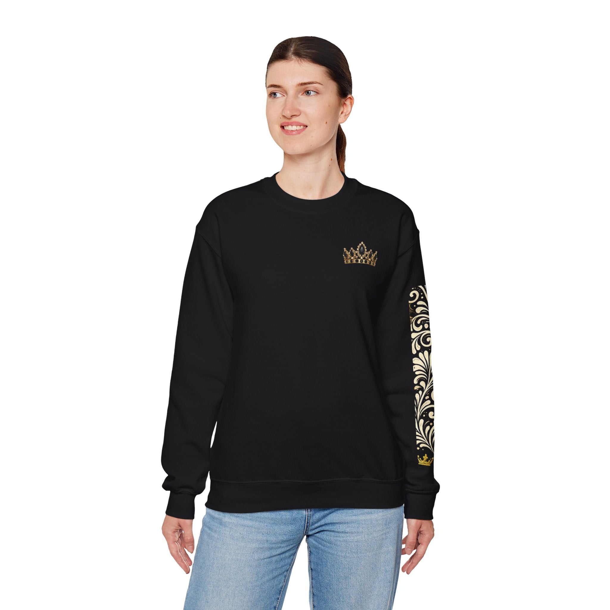 Goddess Era Crown sweatshirt |Black crewneck with gold crown and Talavera sleeve
