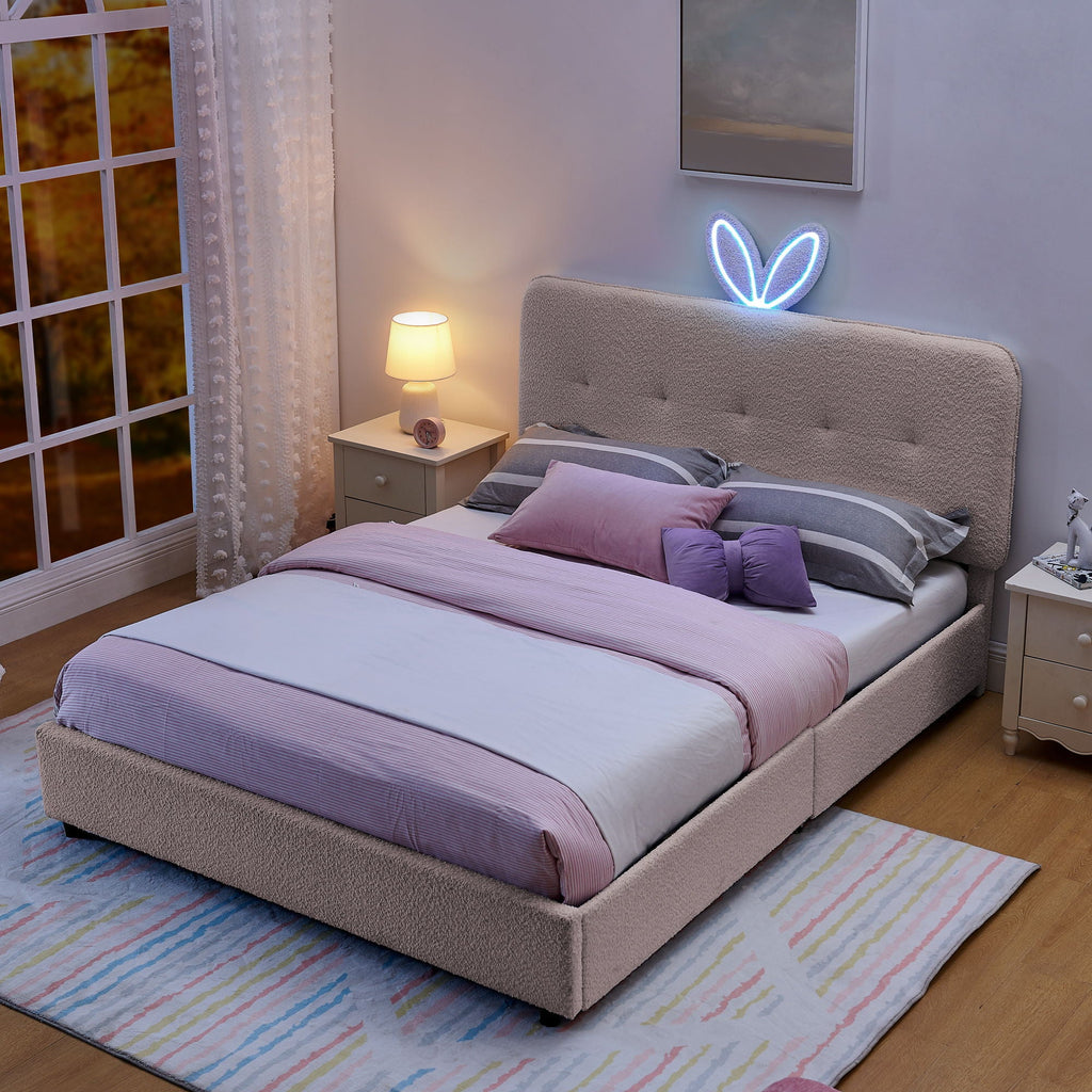 Upholstered Storage Bed with Oversized Rabbit Ear Headboard & LED Lights - Beige or Light Blue