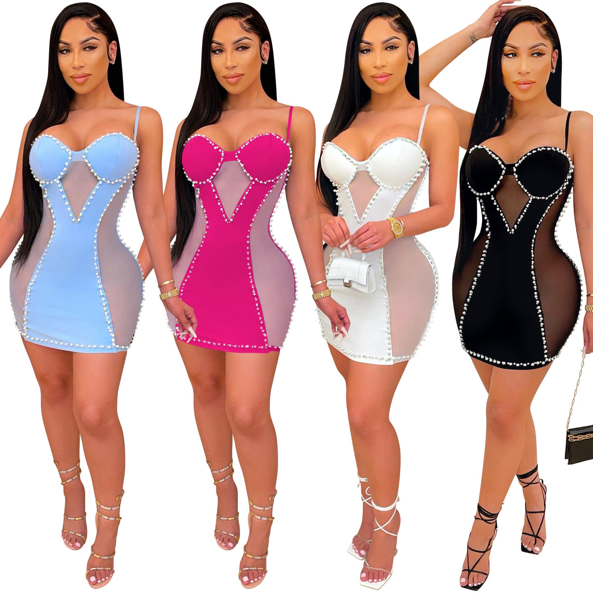 Rhinestone Mesh Bodycon Mini Dress