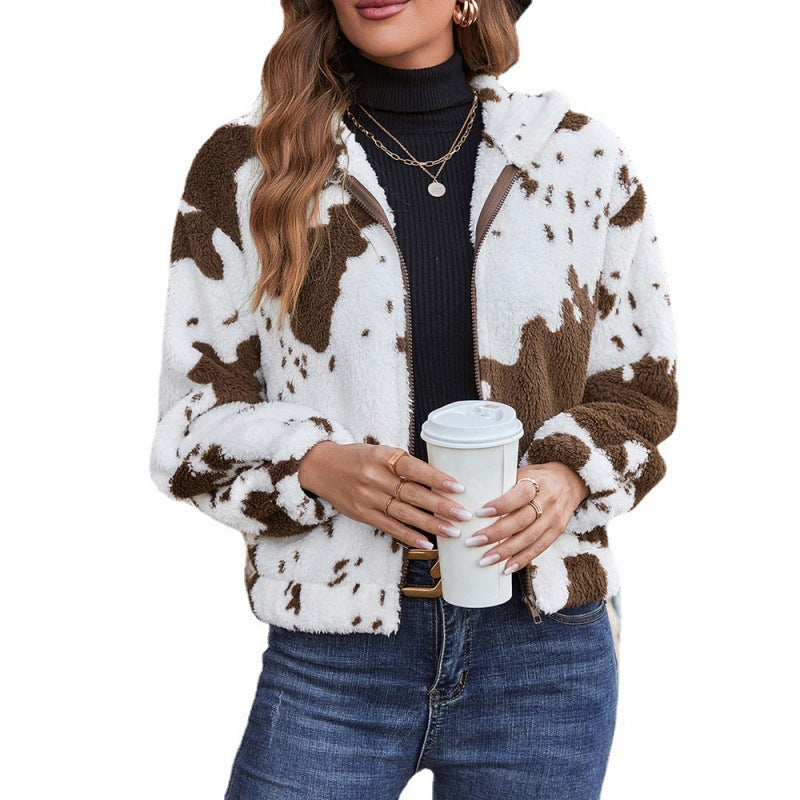 Cow Print Plush Hooded Cardigan Jacket
