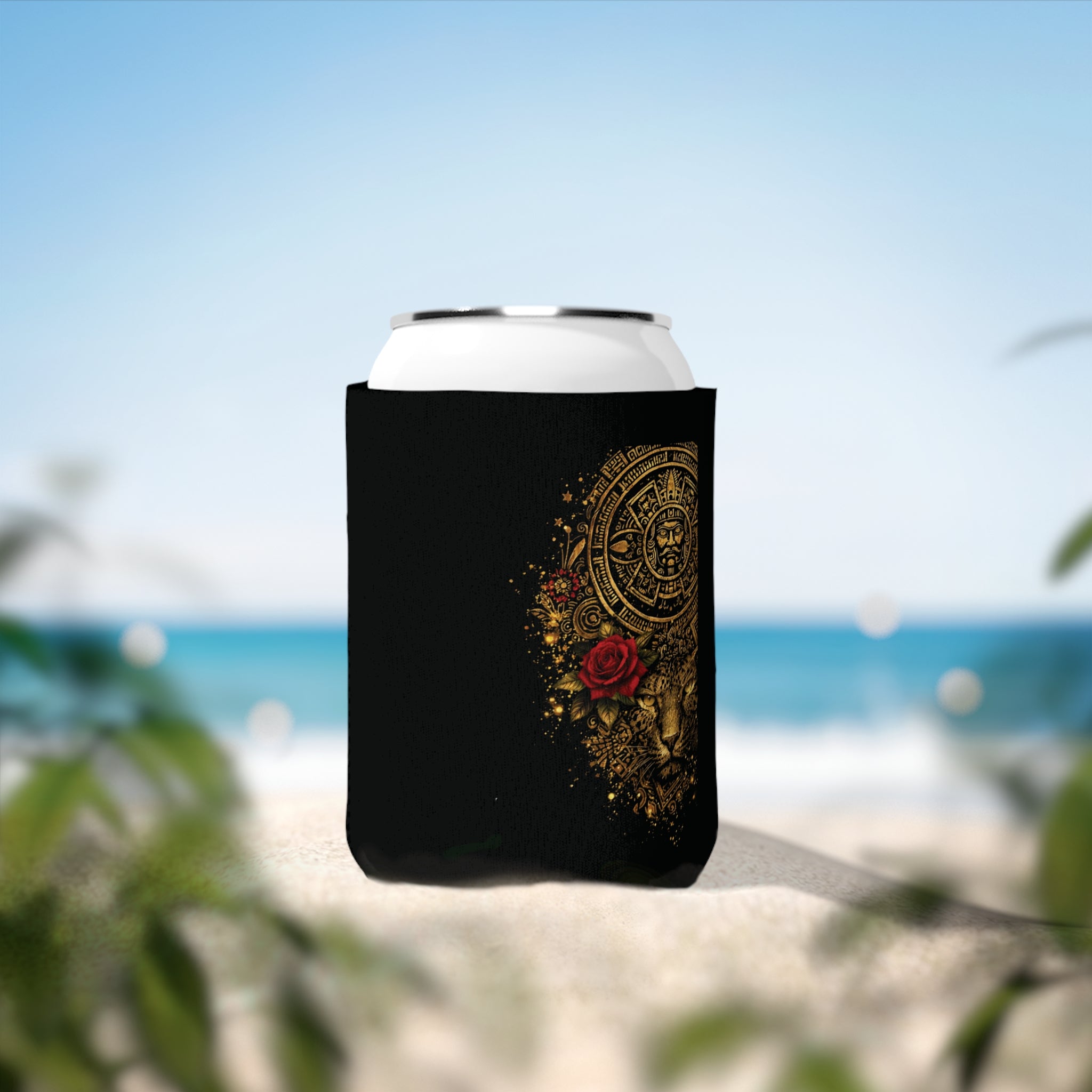 Can Cooler Sleeve — Gold Aztec Jaguar with Rose Can Cooler