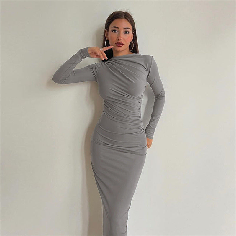 Solid Color Long Sleeve Round Neck Fitted Bodycon Dress