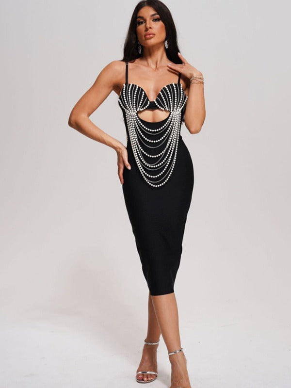 Beaded Chain Cutout Bandage Midi Dress