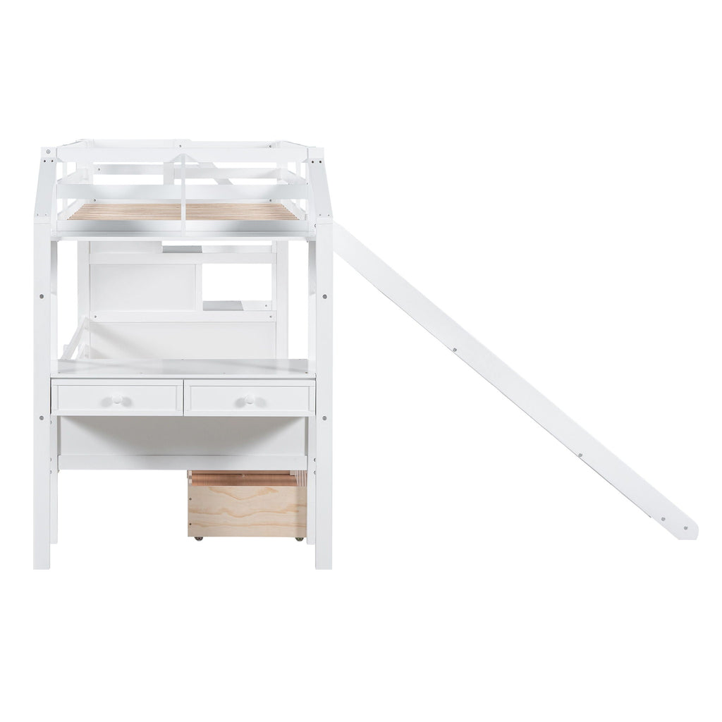 Bunk Bed with Storage Staircase, Slide & Desk - Twin or Full - Dark Gray or White
