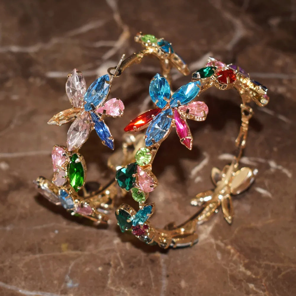 Exaggerated New Shiny Rhinestone Flowers Hoop Earrings For Women Jewelry Fashion Show Statement Earrings Accessories Hot Sale