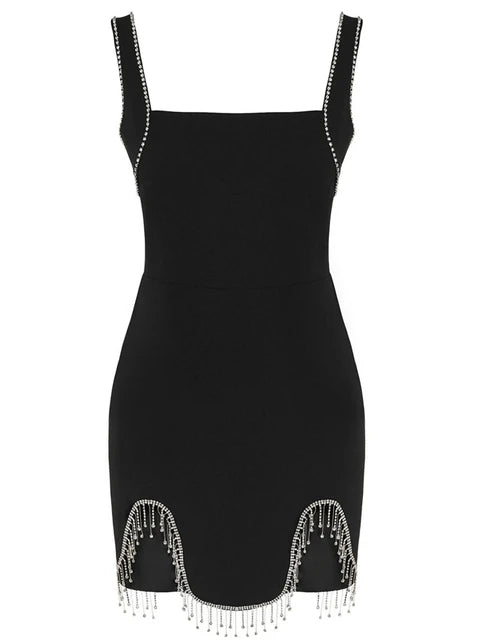 Crystal Fringe Asymmetric Mini Dress