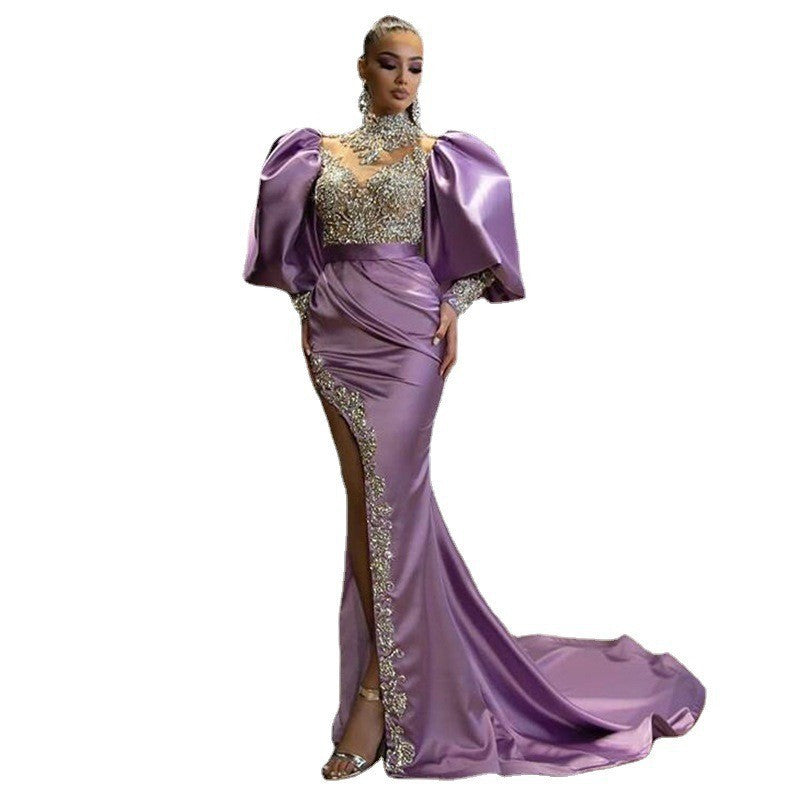Elegant Gold-Sprinkled Evening Gown with Princess Sleeves, Fitted Bodycon,  Long Dress