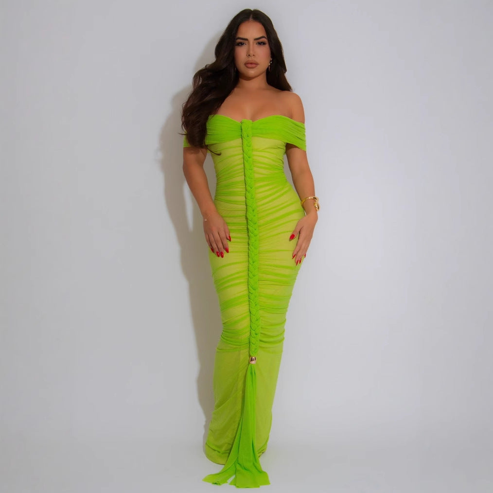 Sheer Mesh Ruched Maxi Dress