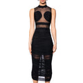 Celebrity Party Dresses For Women Sexy See Through Mesh Patchwork Bodycon Black Bandage Draped Stretch Dress