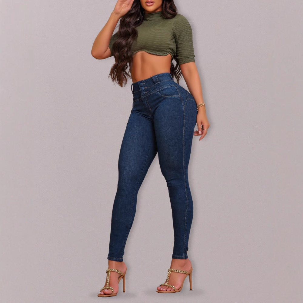Wholesale Fashion Dark Blue Butt-Lifting Hip-Shaping High-Waist Skinny Jeans