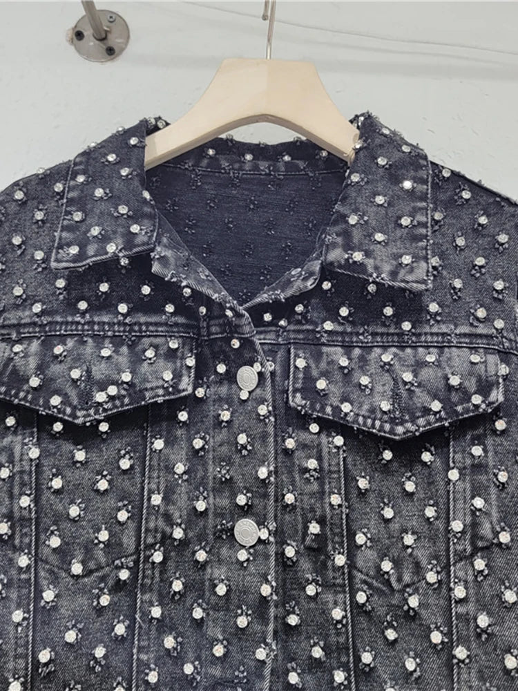 Women's Denim Coat Diamonds Black Washed Single Breasted Long Sleeve Distressed Jackets Autumn New Fashion