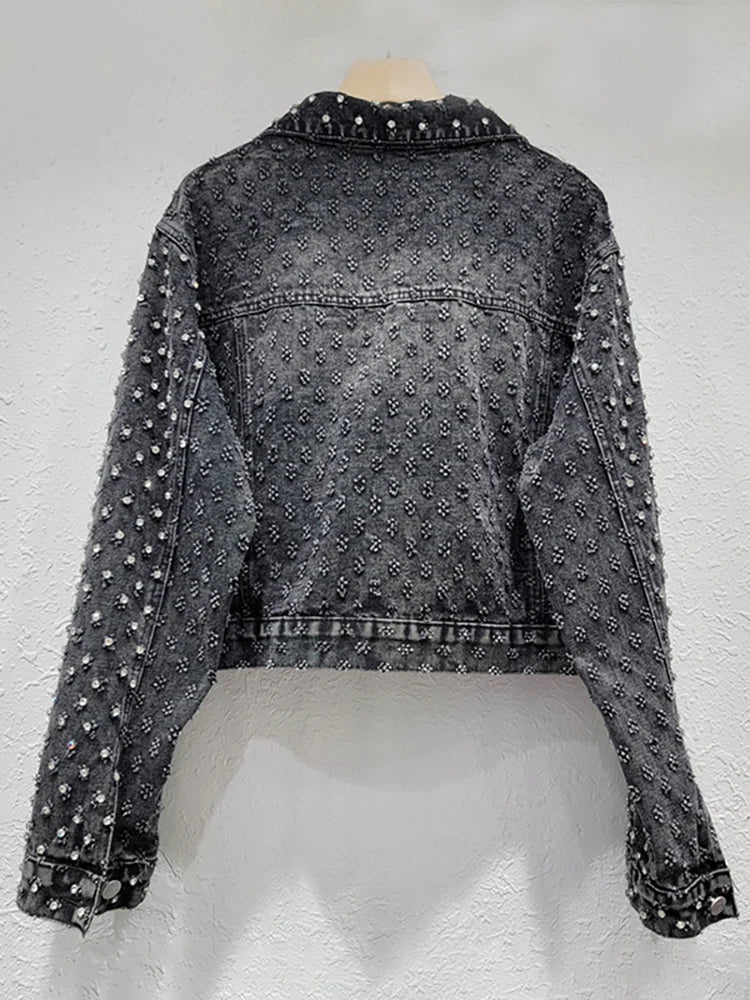 Women's Denim Coat Diamonds Black Washed Single Breasted Long Sleeve Distressed Jackets Autumn New Fashion