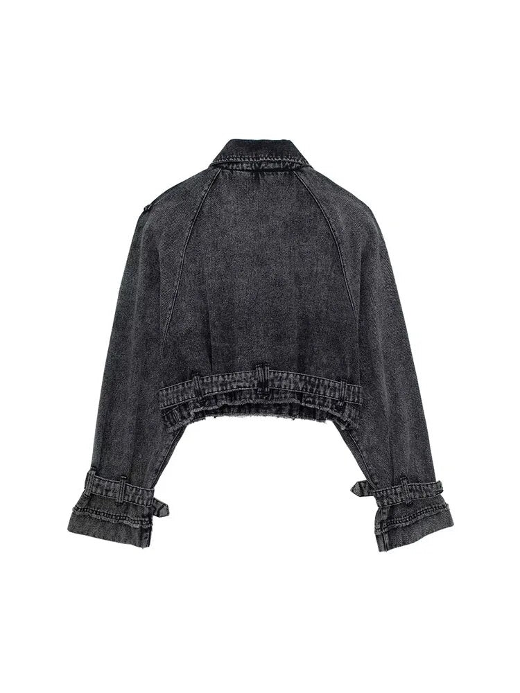 Woman Cropped Denim Jacket  Autumn Women With Belt Jean Jackets for Women Long Sleeve Bomber Streetwear Coats
