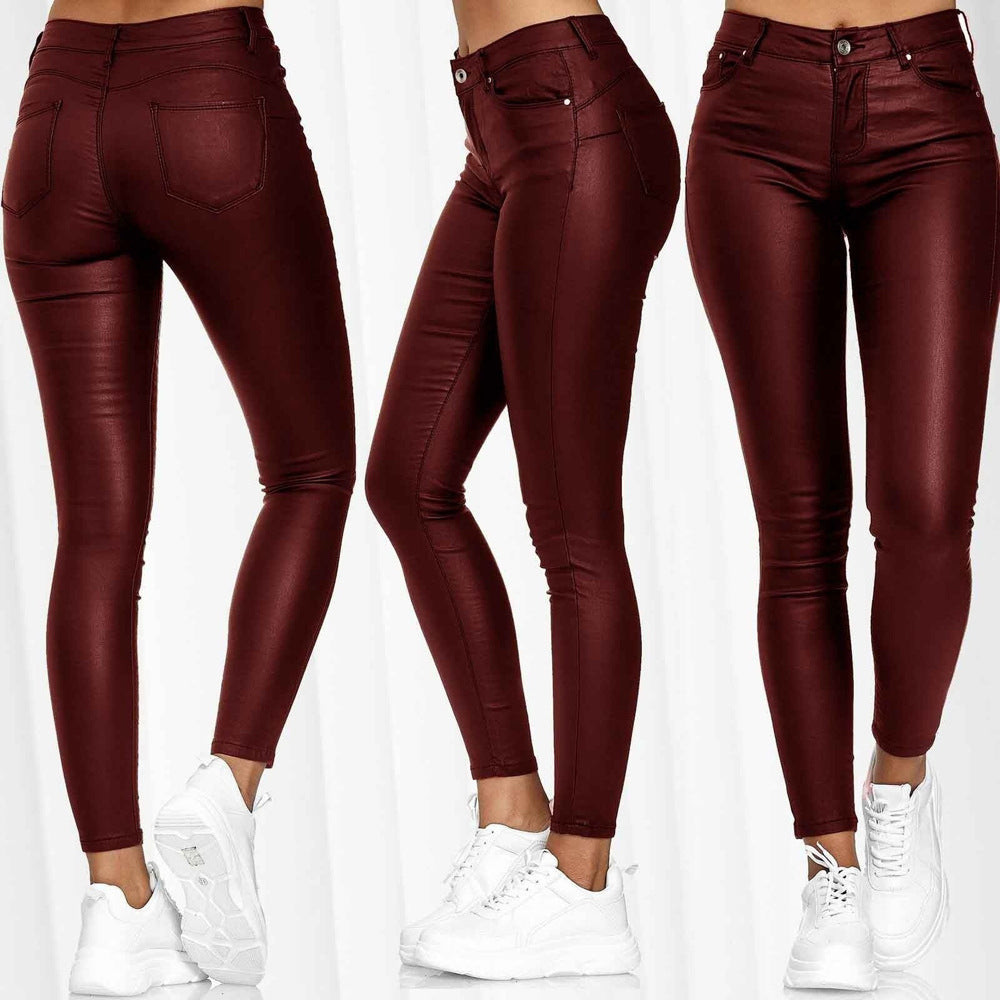 High-Waisted Solid Color Leather Casual Skinny Pants for Women Versatile and Stylish Long Trousers