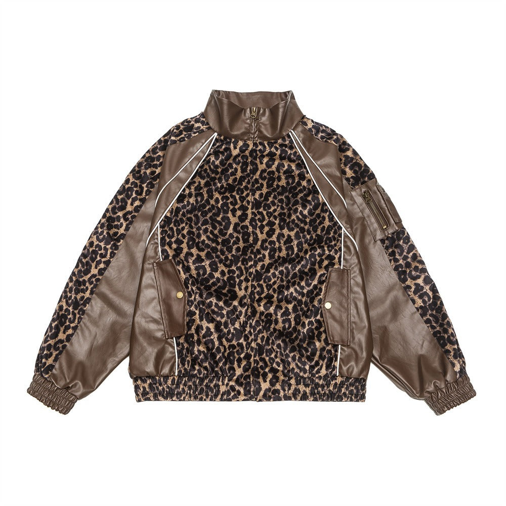 Leopard Patchwork Faux Leather Moto Jacket