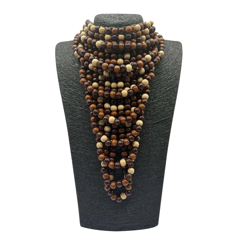 Layered Wood Tassel Statement Necklace