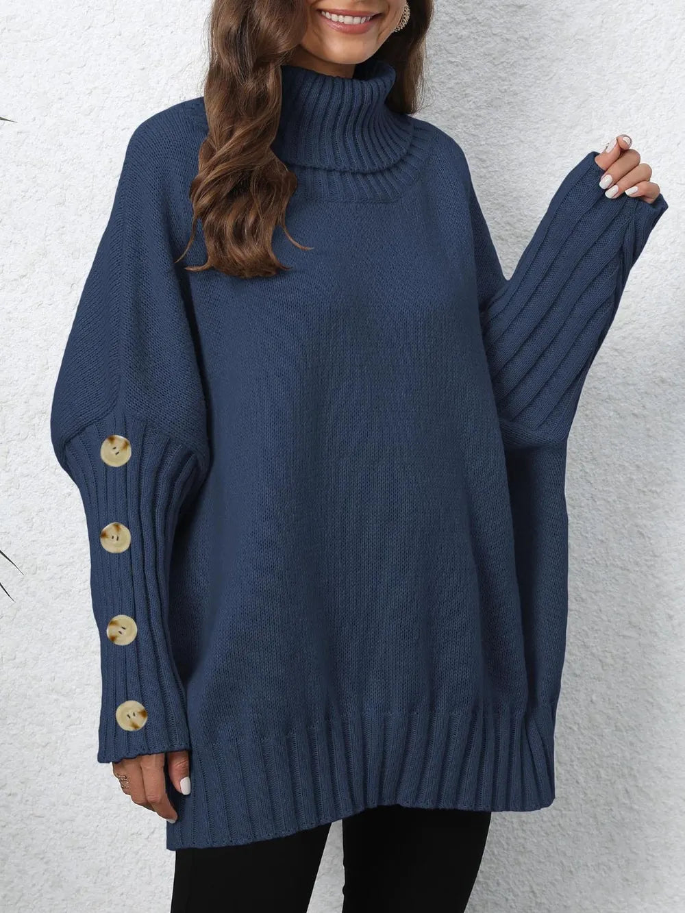 Button-Detail Turtleneck Sweater