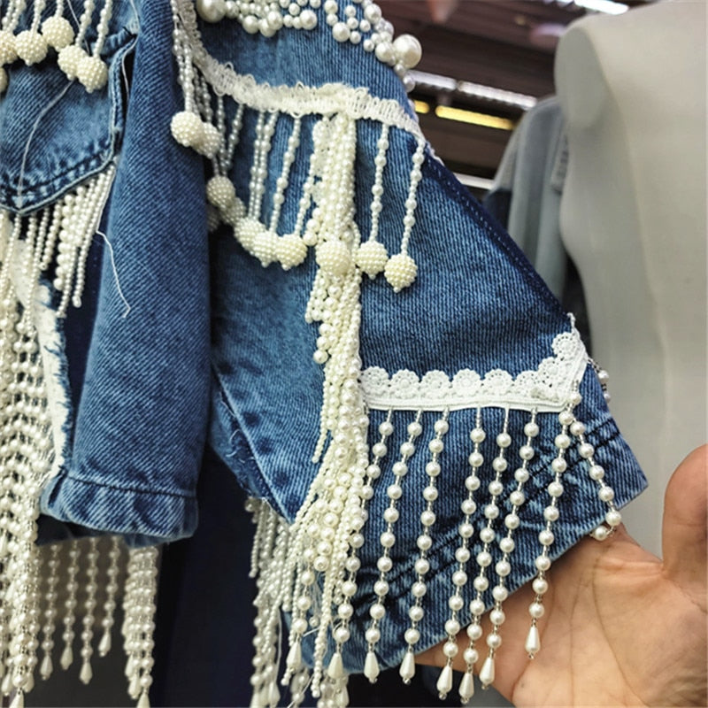 Korean Heavy Pearl Tassel Loose All-Match Personalized Short Denim Jacket Women Jean Jacket Outerwear Spring New Clothes