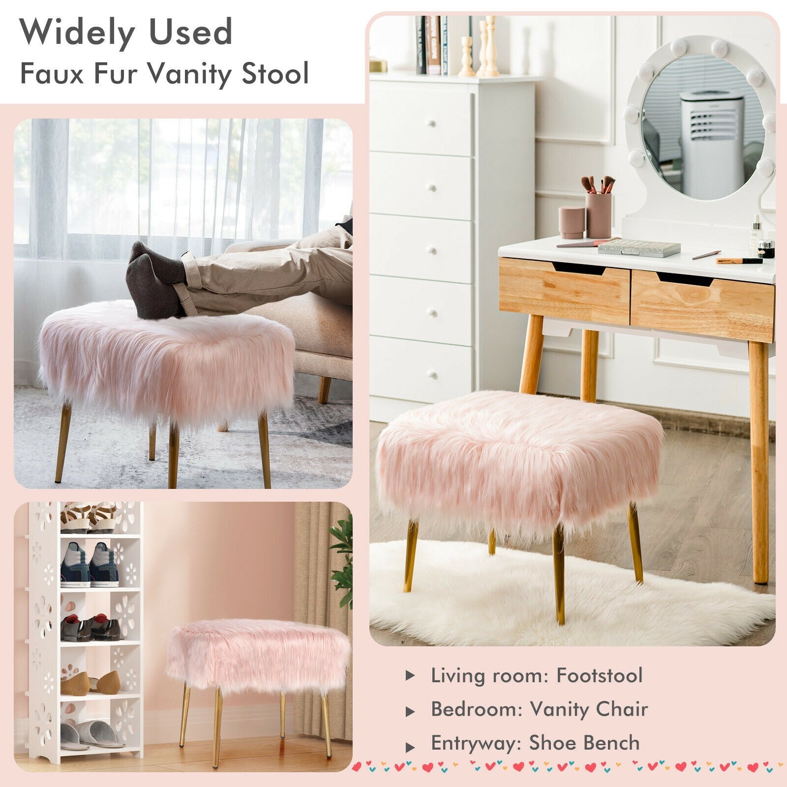 Faux Fur Vanity Stool with Golden Metal Legs for Makeup Room