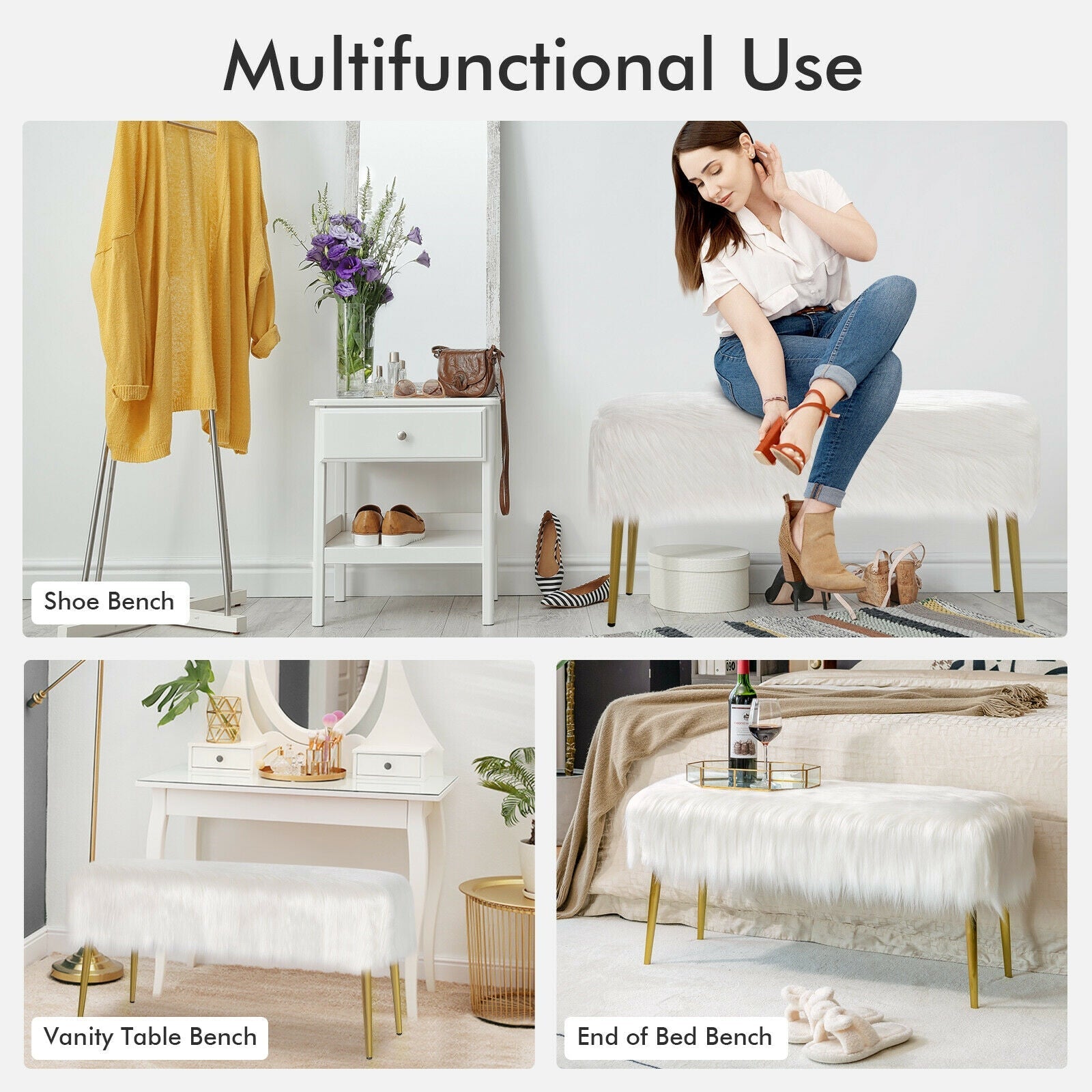 Upholstered Faux Fur Vanity Stool with Golden Legs for Makeup Room