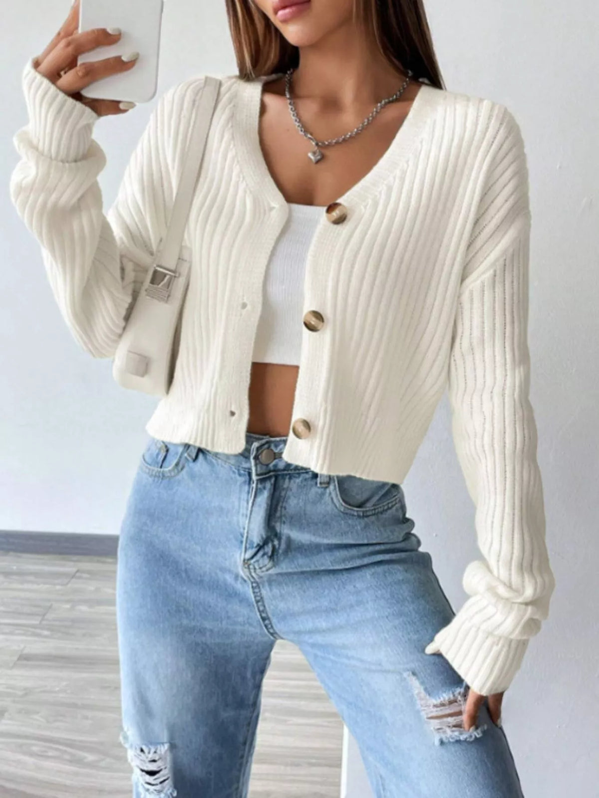 Ribbed Knit Button-Up Cropped Cardigan