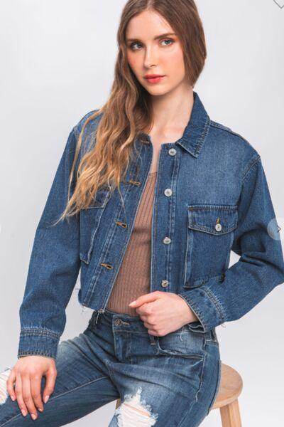 Love Tree Raw Hem Button Up Cropped Denim Jacket for Women