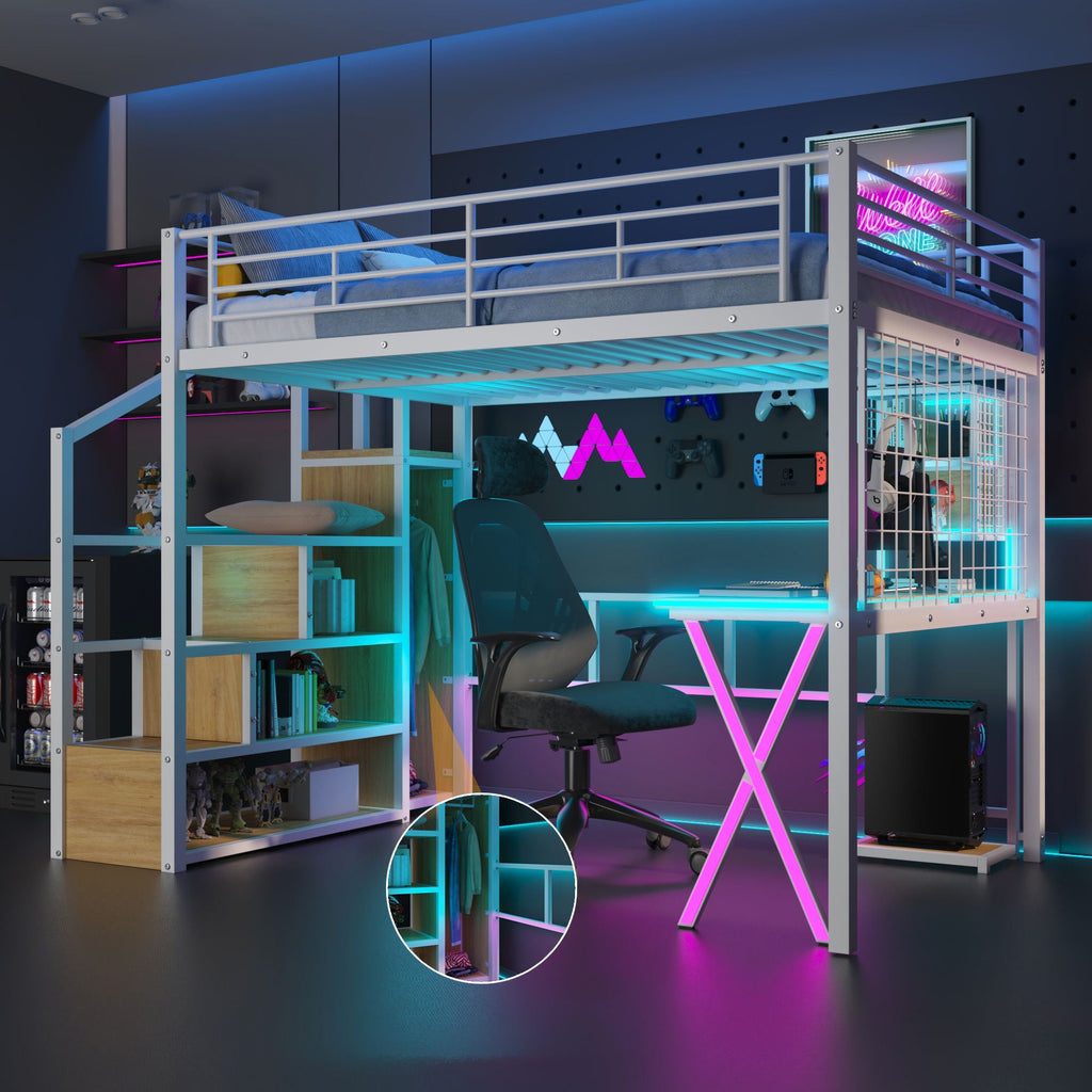 Loft Bed with Built-In Work Station, Wardrobe & Storage Staircase – White or Black