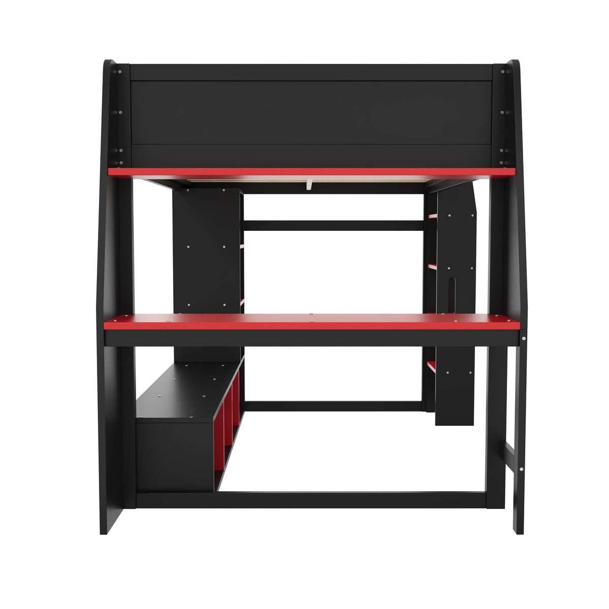 Gaming Loft Bed with Desk and Storage Shelves – LED Lighting – Black or Dark Gray