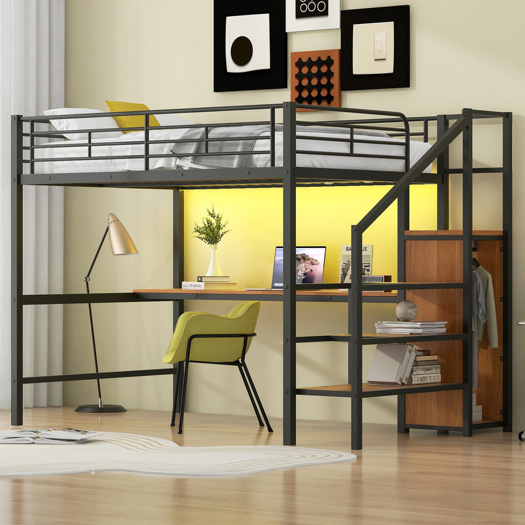 Full Size Loft Bed with Desk, Storage Staircase & Wardrobe - Black or White