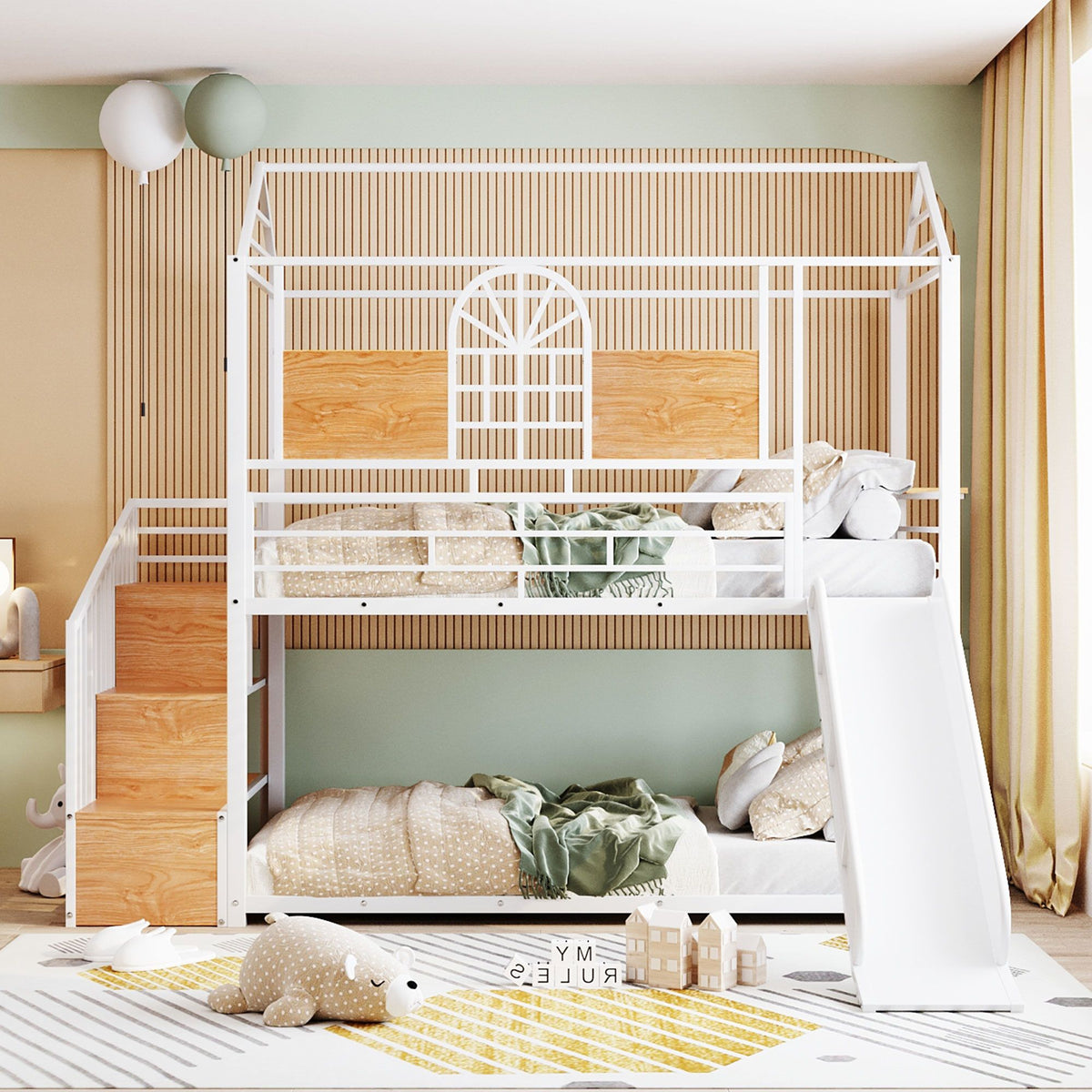 Metal Bunk Bed with Slide and Storage Stairs