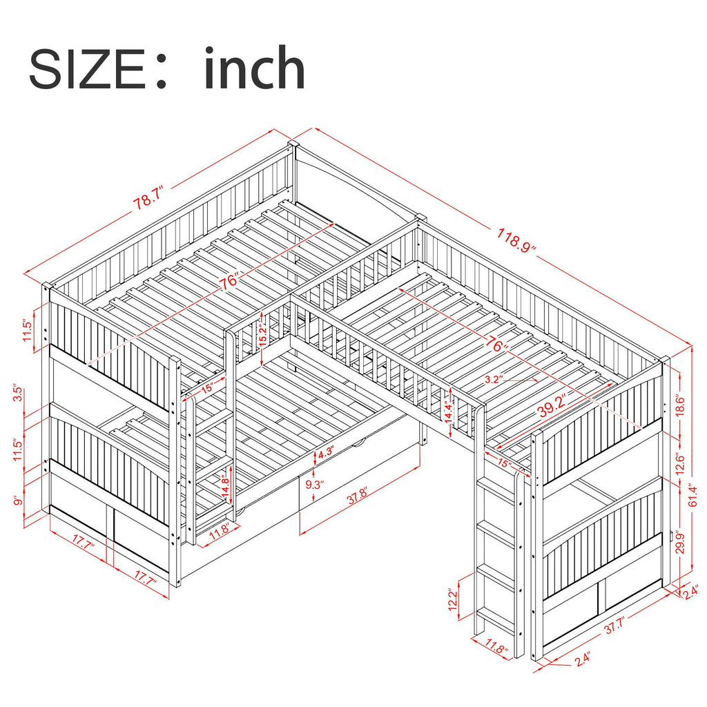 Triple Twin Bunk Bed With Loft and 2 Drawers - Dark Gray or White