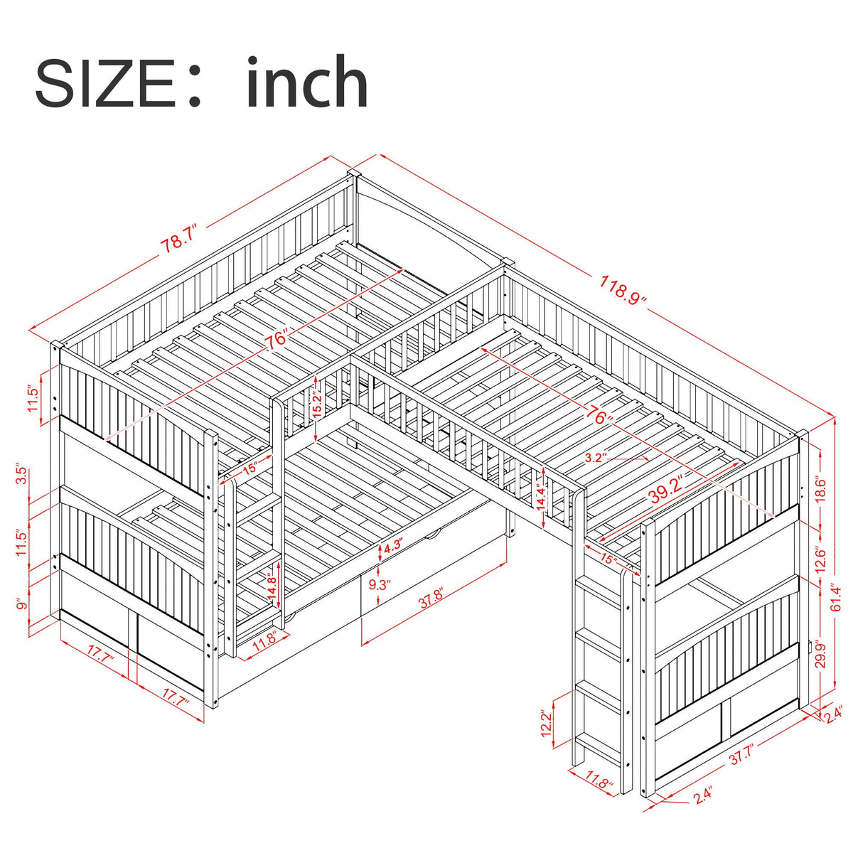 Triple Twin Bunk Bed With Loft and 2 Drawers - Dark Gray or White