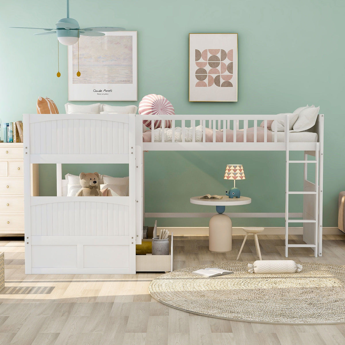 Triple Twin Bunk Bed With Loft and 2 Drawers - Dark Gray or White