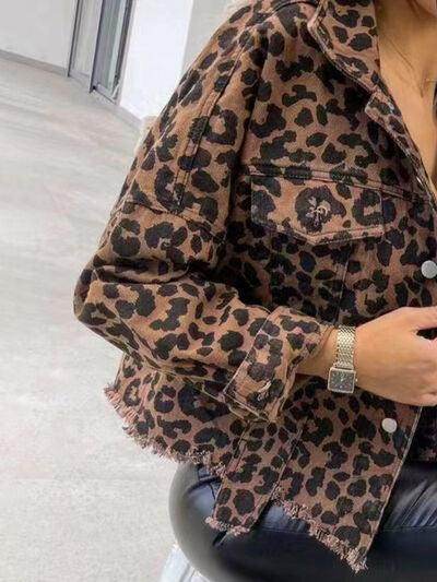 Raw Hem Leopard Collared Neck Denim Jacket for Women