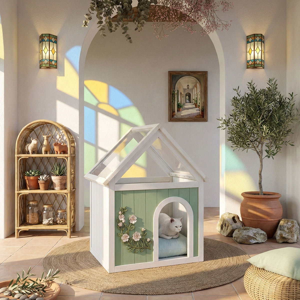 Indoor Cat House with Clear Roof - Mint / White