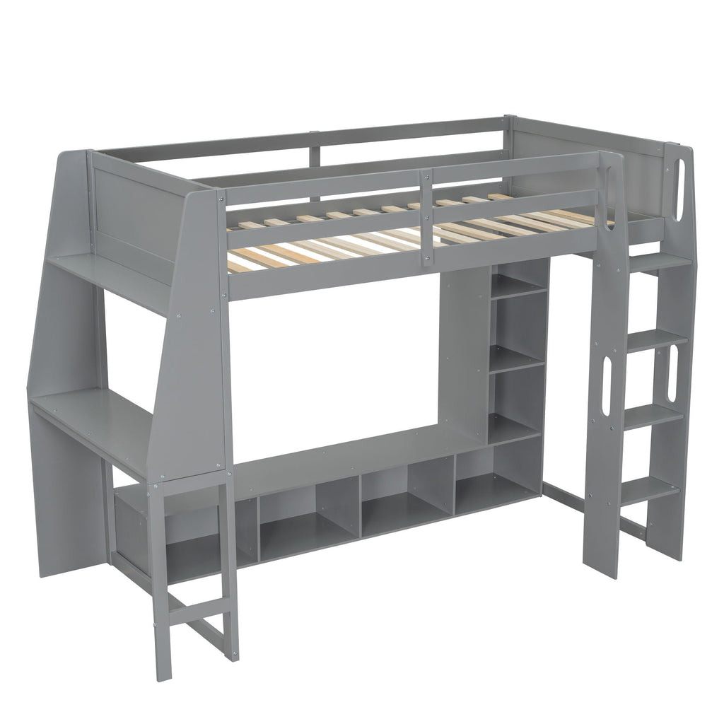 Gaming Loft Bed with Desk and Storage Shelves – LED Lighting – Black or Dark Gray