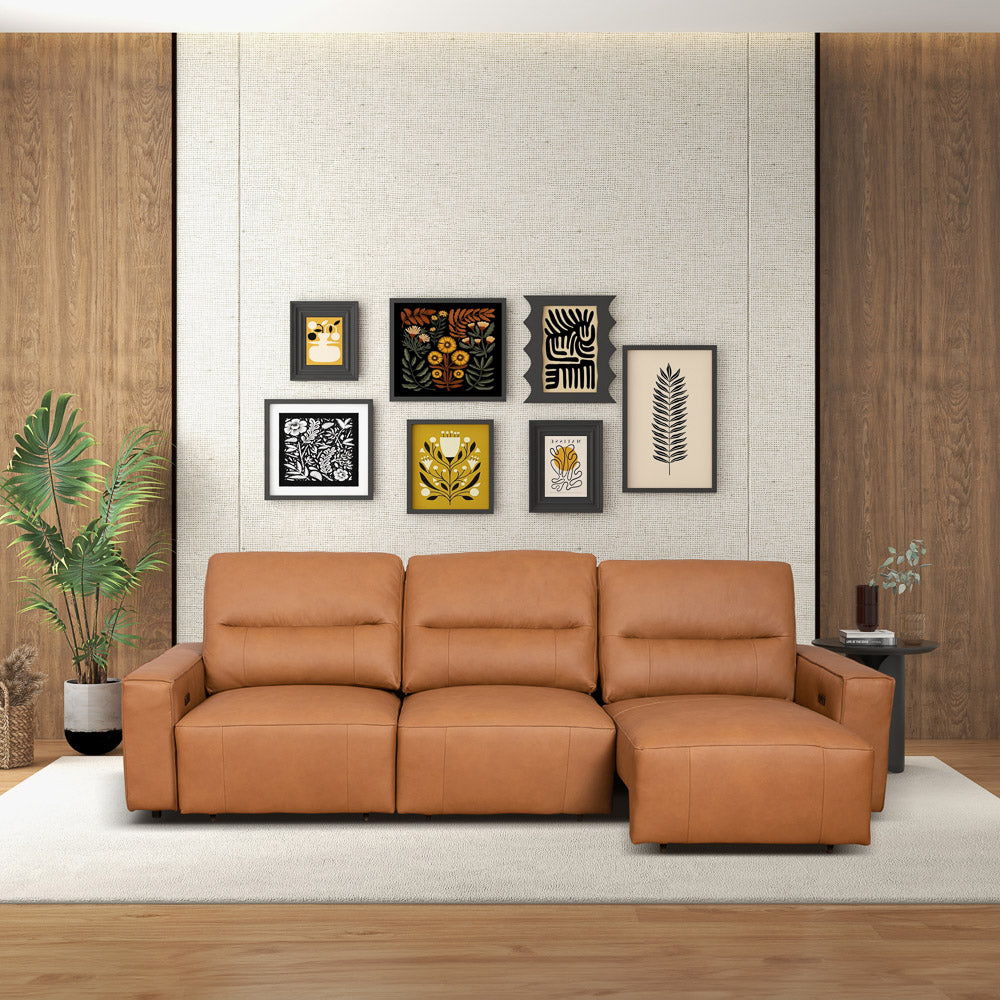 Triple Power Convertible Sofa Reclining Sectional with Queen Bed - Cognac