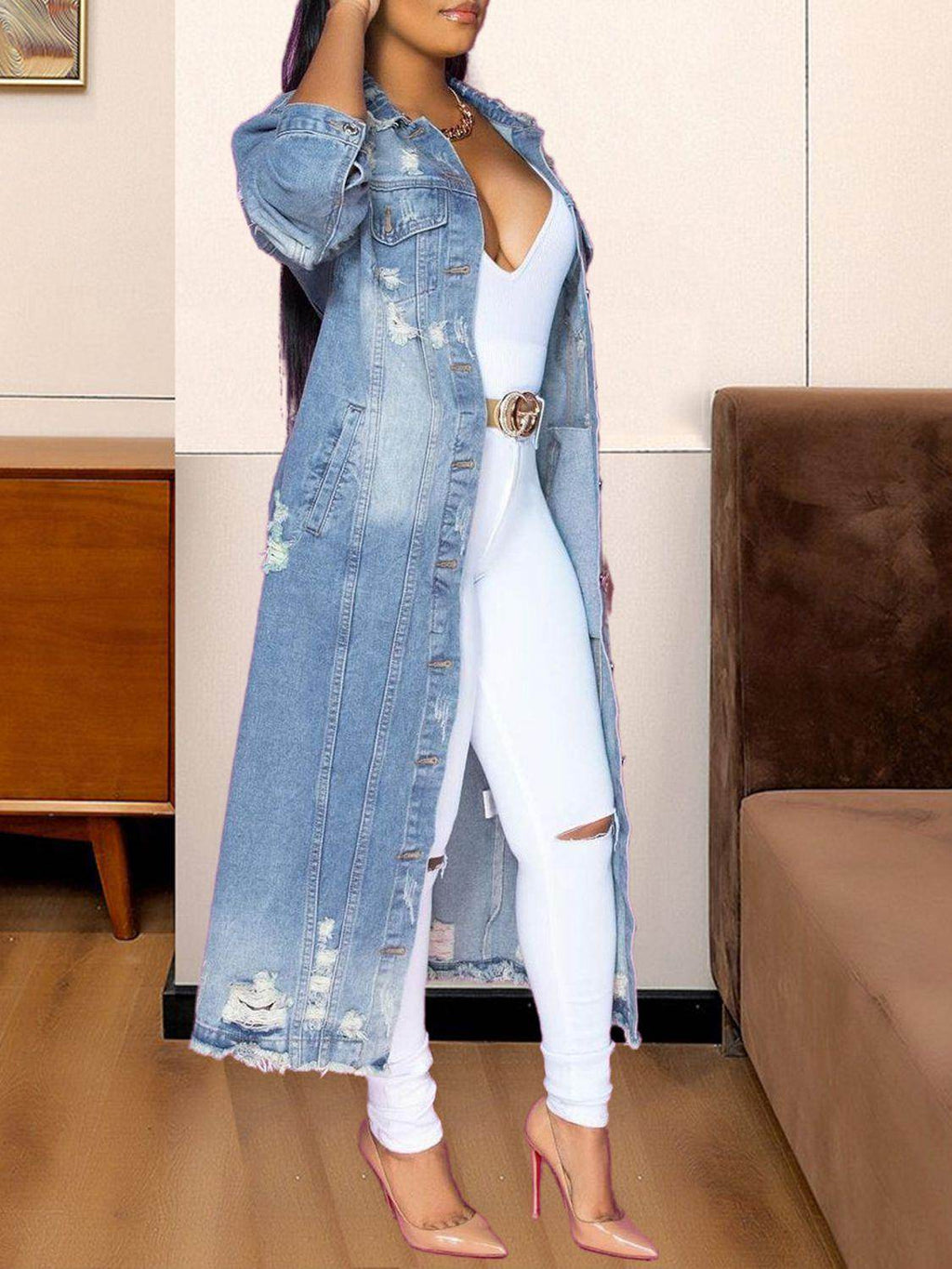 Chic Long Sleeve Raw Hem Denim Jacket for Stylish Women
