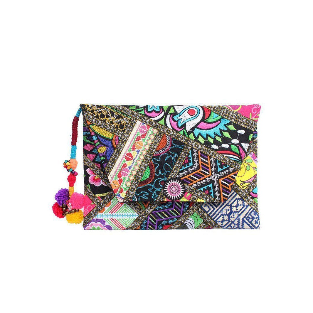 Embroidered Patchwork Clutch with Pom Pom Tassel - Thailand